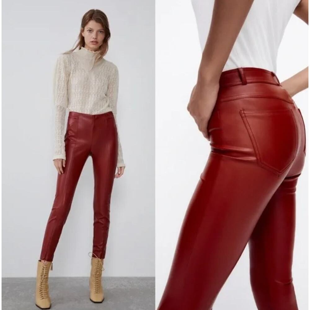 ZARA Faux Leather Leggings High Rise Ankle Zip Pants Red, Bloggers Fav Burgundy - Picture 5 of 13